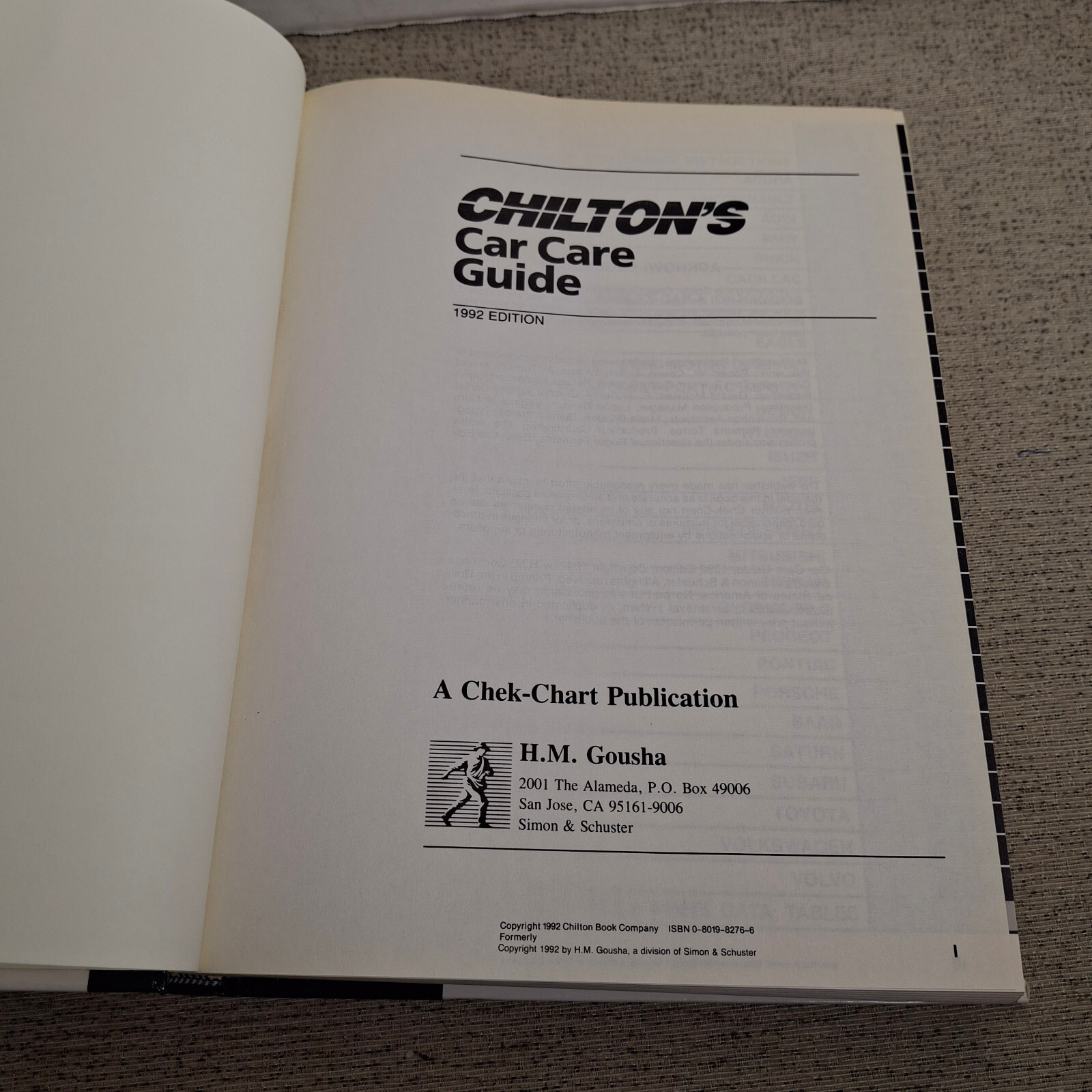 Hardback Chilton’s 1992 Car Care Guide,A Chek Chart Publication