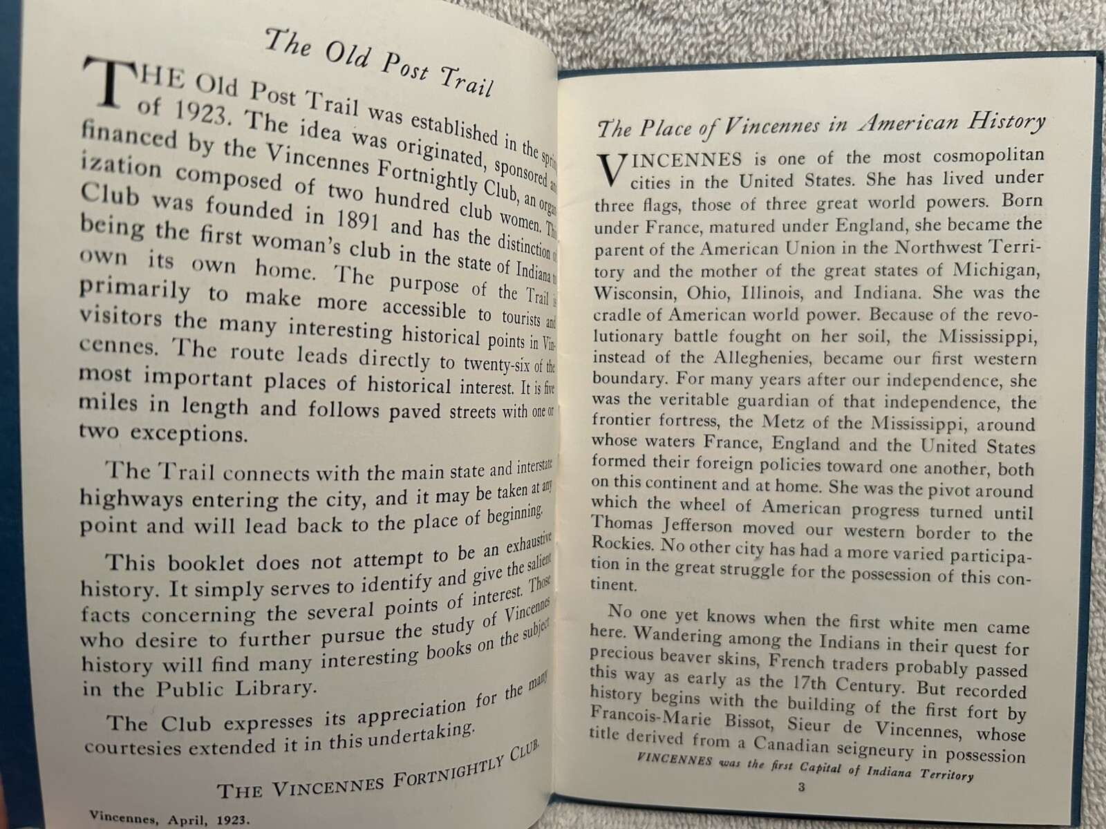 Vtg. Book Tourist Guide To Historic Vincennes IN 40 Pages Illustrated 1947 W/Map
