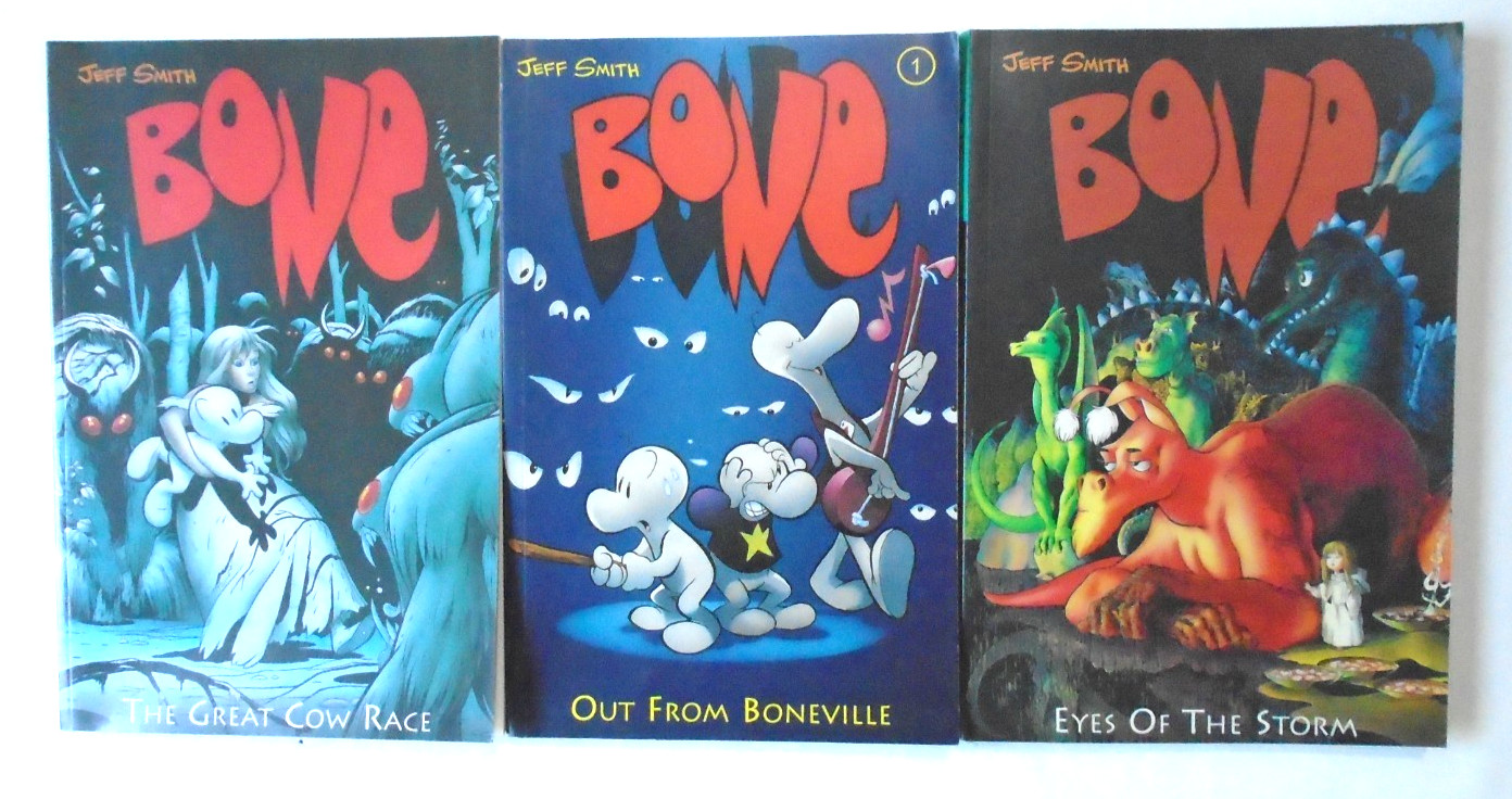 Lot of 3 BONE Jeff Smith Paperbacks 1st Edition Boneville Cow Race Eyes Storm