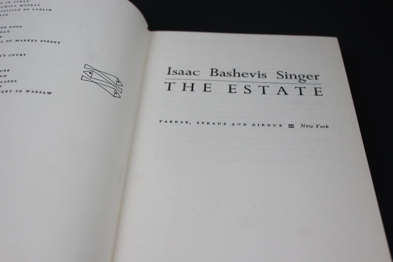 The Estate Isaac Bashevis Singer 1969 First Printing Hardcover Farrar Straus