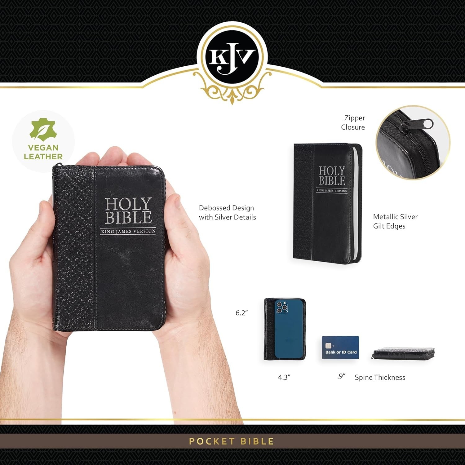KJV Holy Bible,Mini Pocket Bible–Zippered Black Faux Leather Bible w/Ribbon Ma..