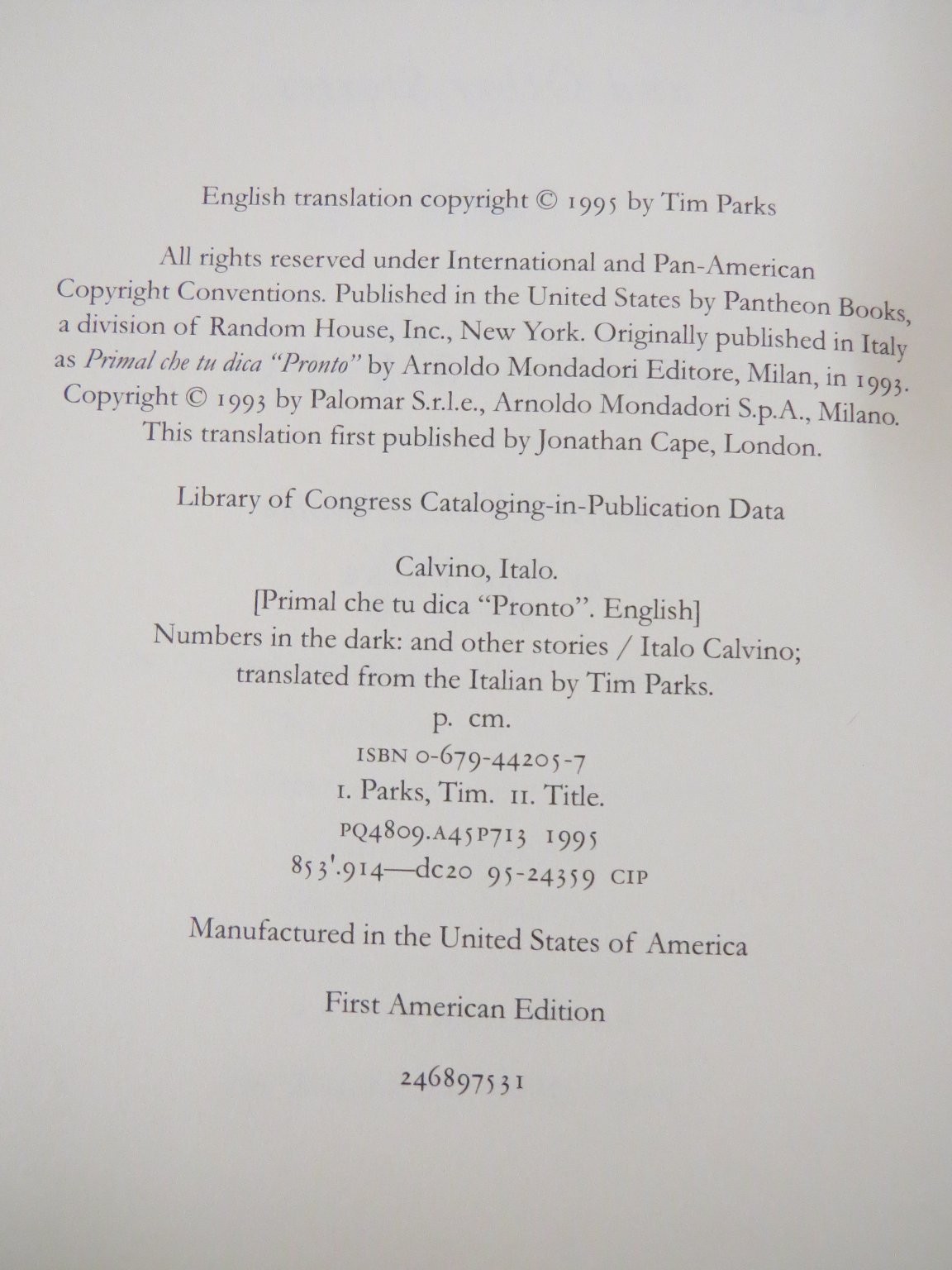Numbers in the Dark Italo Calvino 1995 First American Edition Pantheon Books