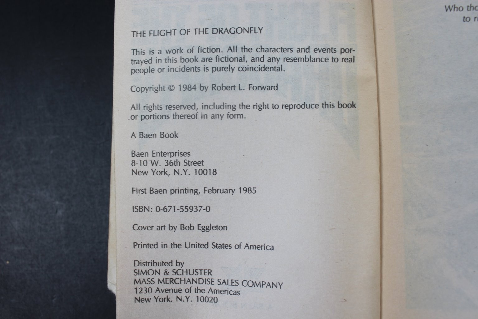 The Flight of the Dragonfly Robert L. Forward 1985 First Baen Printing Sci-Fi PB