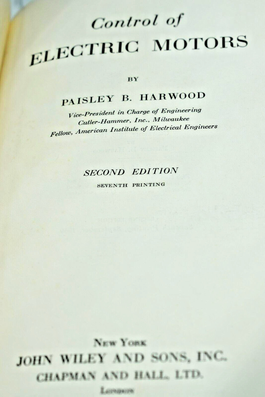 Control Of Electric Motors Paisley B. Harwood 1948 John Wiley & Sons Illustr HC