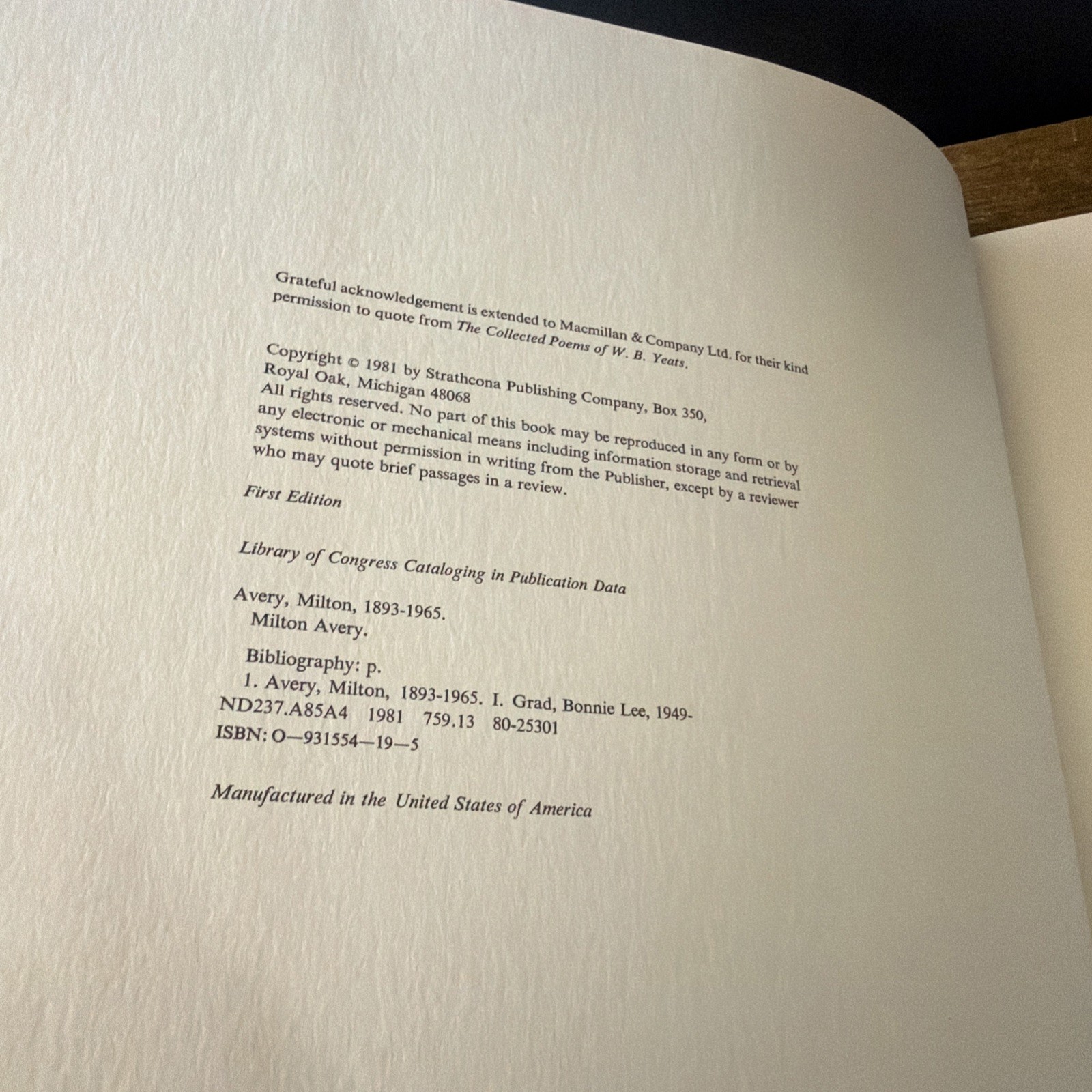 Milton Avery (Hardcover, 1981) Text by Bonnie Lee Grad First Edition Strathcona