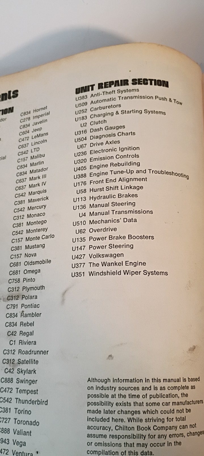Chilton’s Auto Repair Manual Book; American Cars from 1966 to 1973