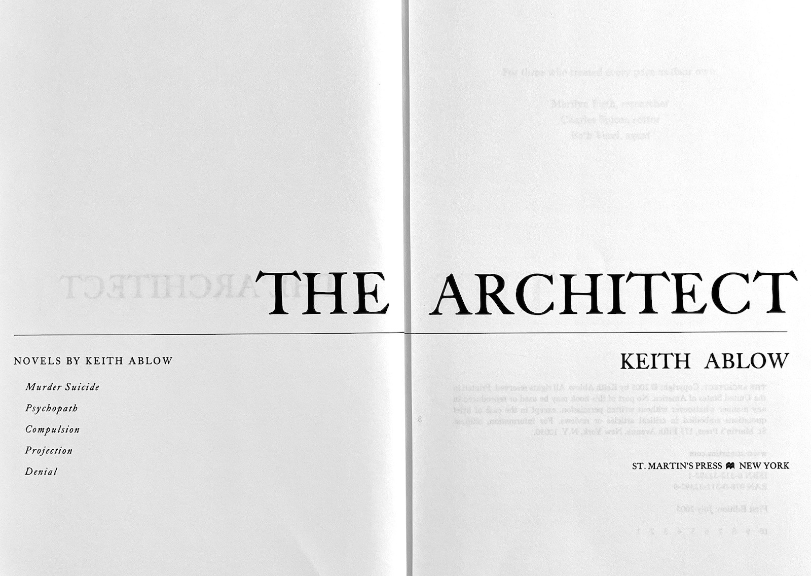 The Architect – Keith Ablow – FINE Hardcover First Edition, 1st Printing – 2005