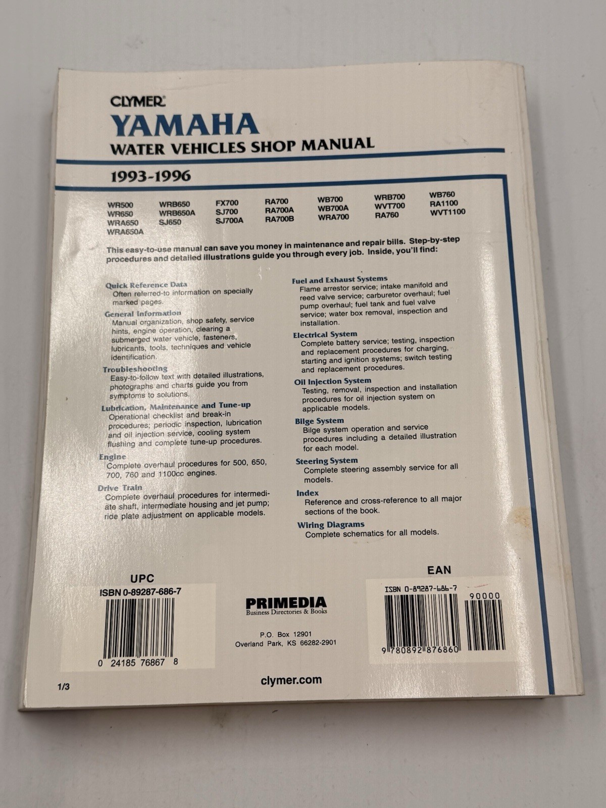 CLYMER W806 YAMAHA WATER VEHICLES SHOP MANUAL 1993-1996