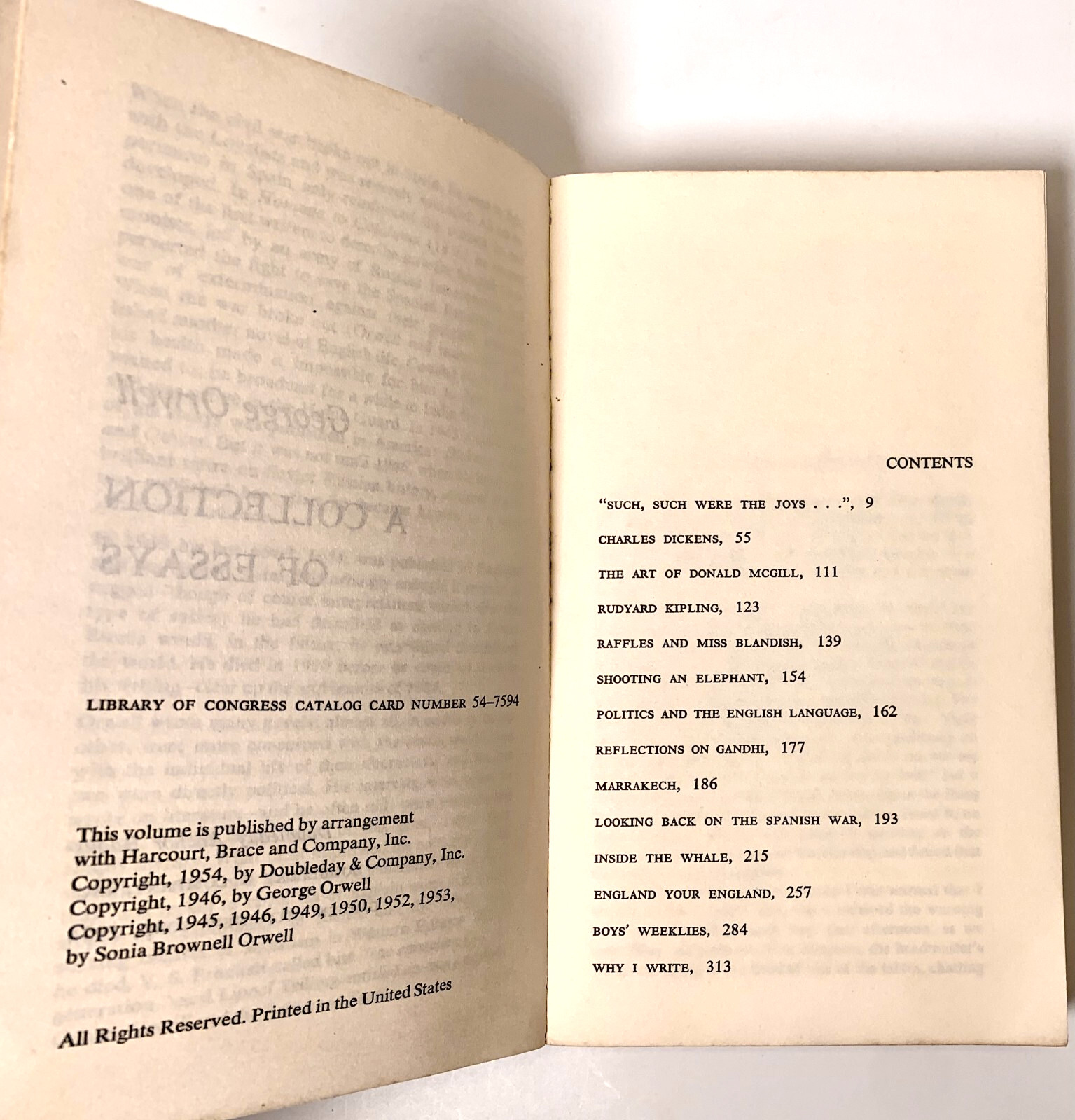 A Collection of Essays by George Orwell, 1954 Doubleday, 95¢ on cover, Very good