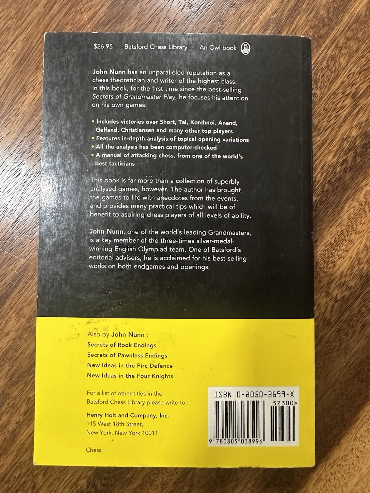 John Nunn’s Best Games by John Nunn (Chess Book) 1st American Edition 1995