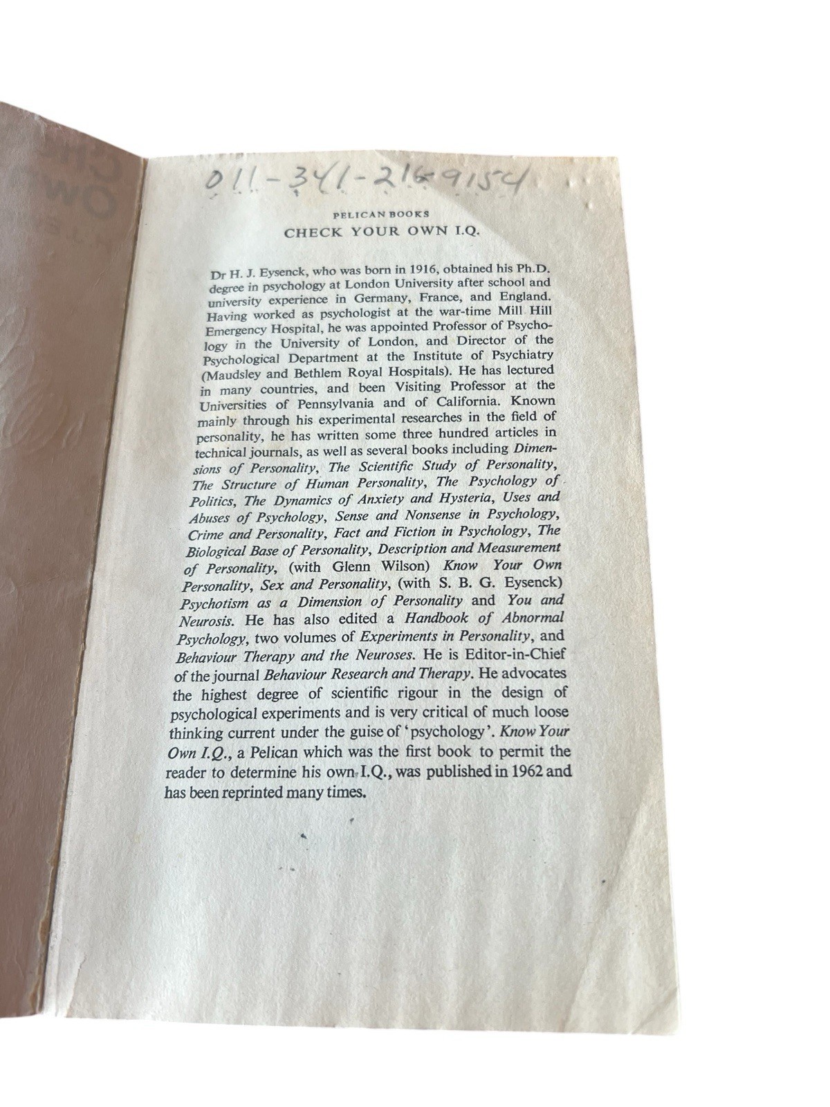 Check Your Own I. Q. by Hans J. Eysenck (1962, Uk- a Format Paperback)