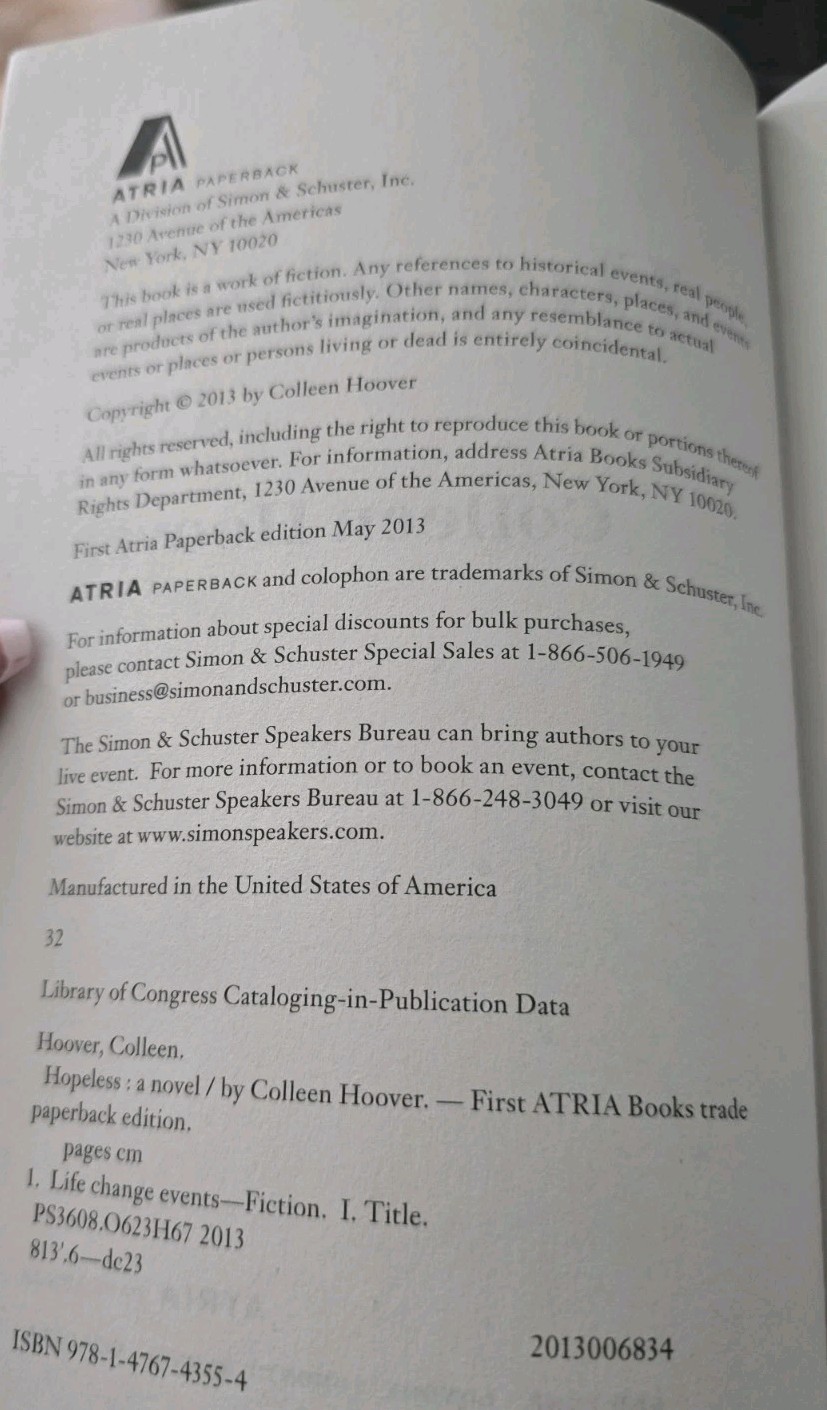 Colleen Hoover Hopeless SIGNED First Atria Paperback 2013 Rare Early Edition