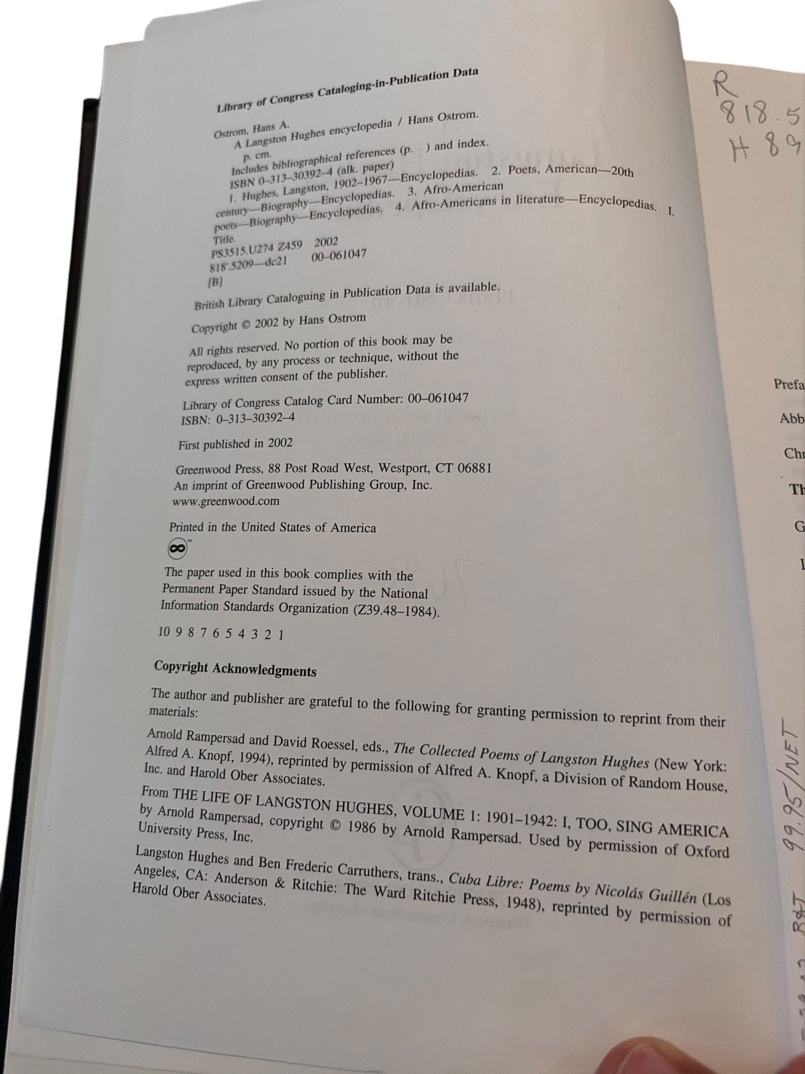 A Langston Hughes Encyclopedia Ostrom 2002 First Edition Greenwood Press