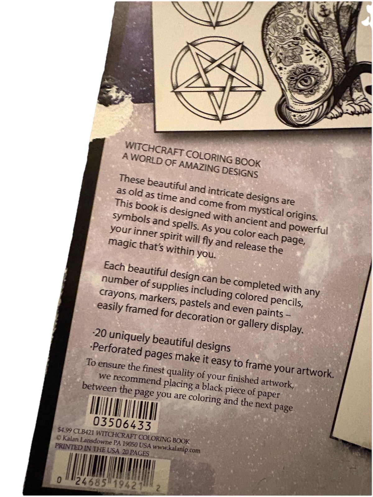Witchcraft Coloring Book – 20 Perforated Pages Pentagram Tarot Cats 1 Page Used