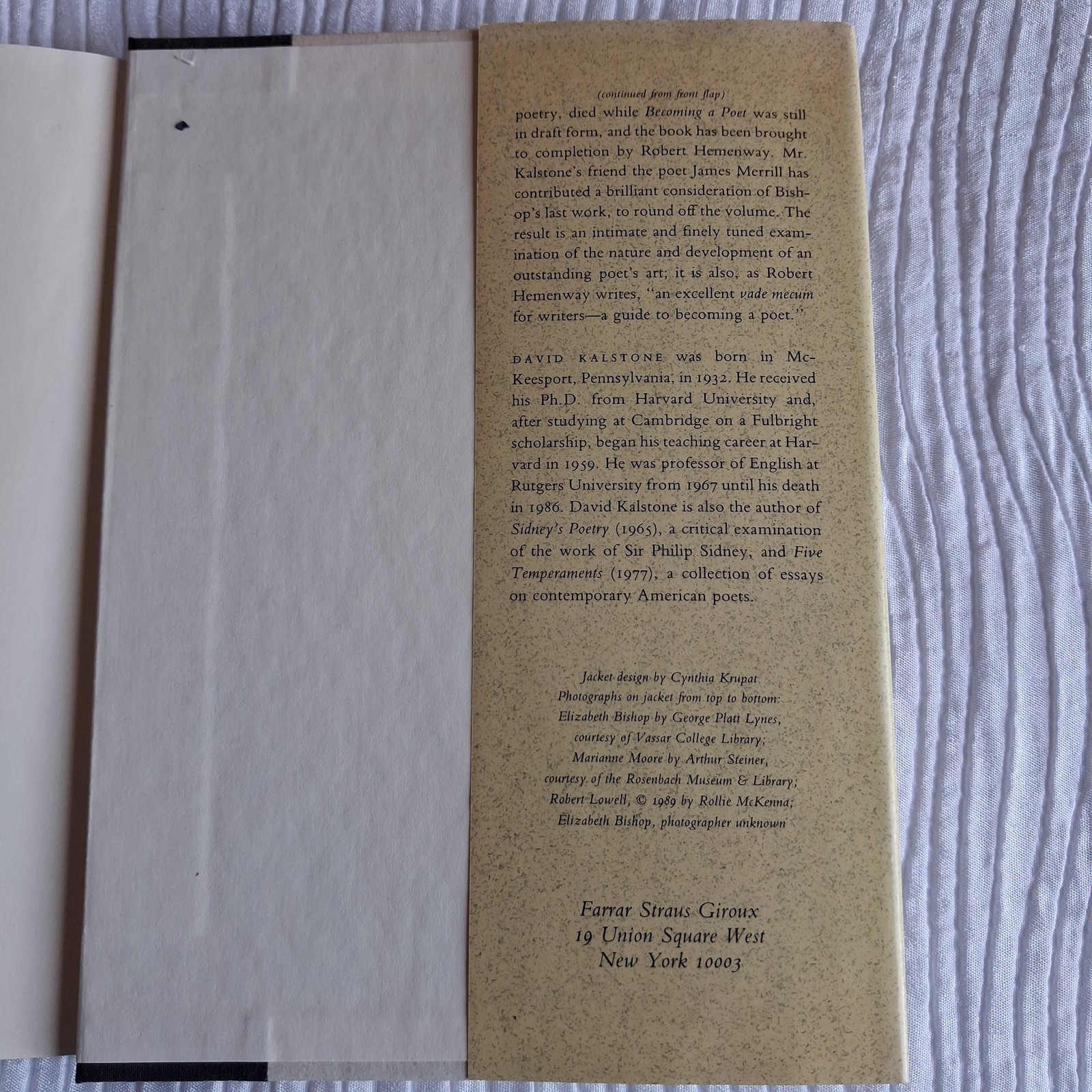 Vintage Becoming A Poet David Kalstone Farrar Straus & Giroux Beige HC DJ 1989