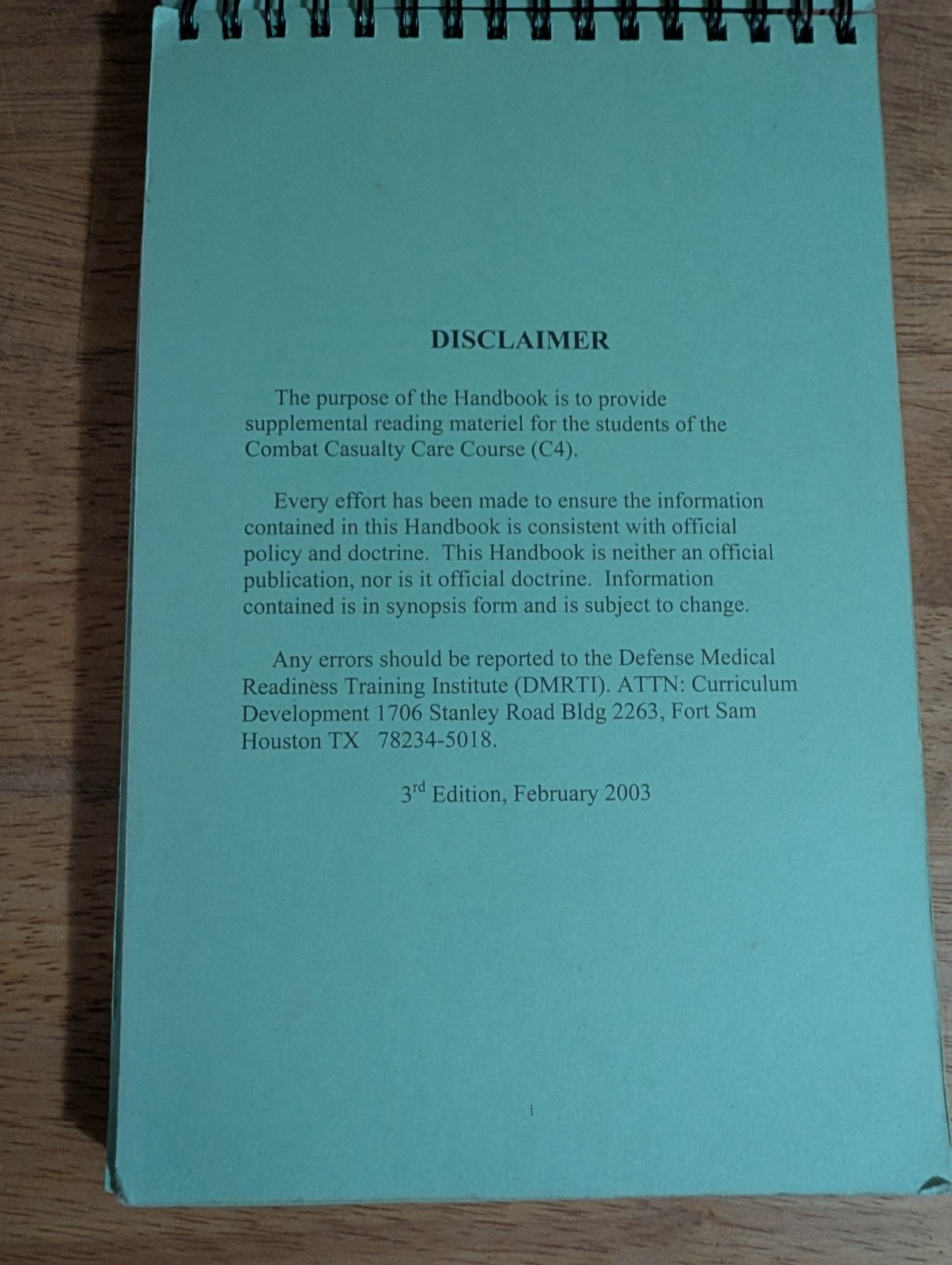 Fort Sam Houston Defense Medical Military Training Combat Casualty Handbook