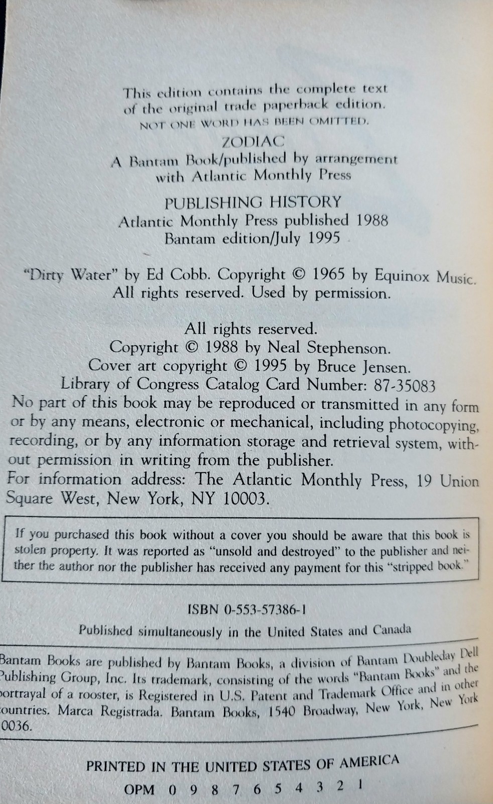 Neal Stephenson – Zodiac – Bantam Edition First Printing 1995