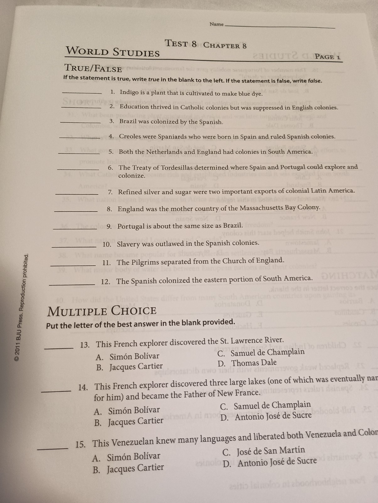 BJU Press World Studies Tests for use w/ 3rd Edition