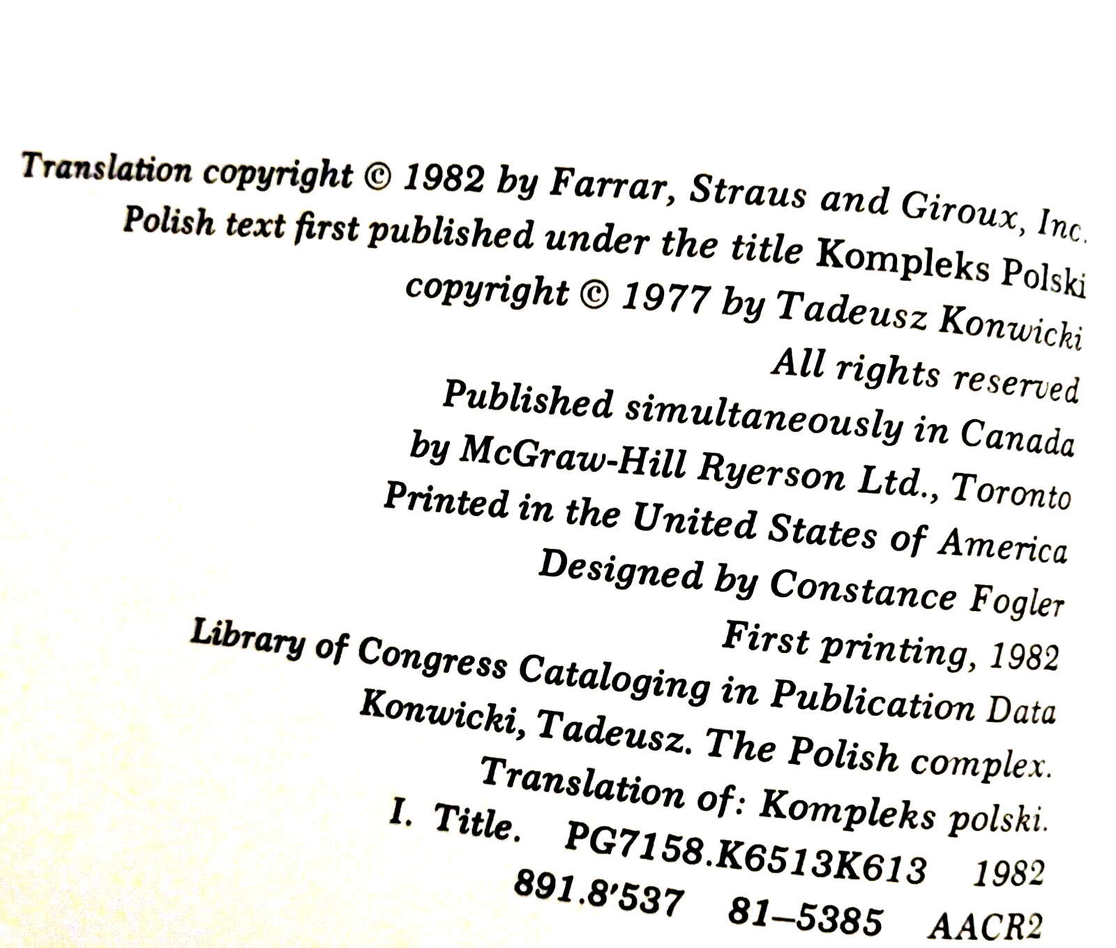 Polish Complex by Tadeusz Konwicki HC DJ 1st ED Farrar Straus Giroux 1982