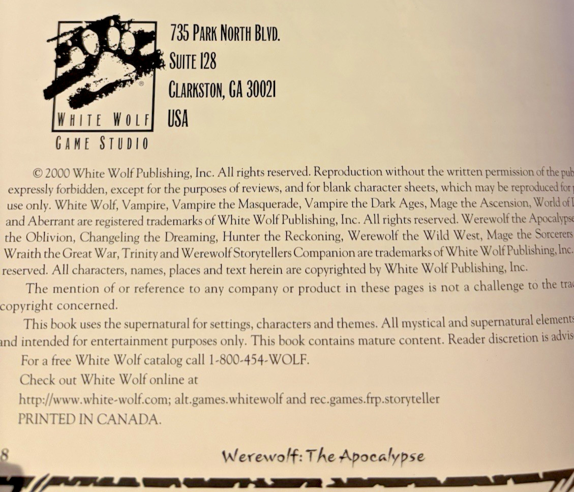 Werewolf The Apocalypse A Storytelling Game of Savage Horror 2000 HC