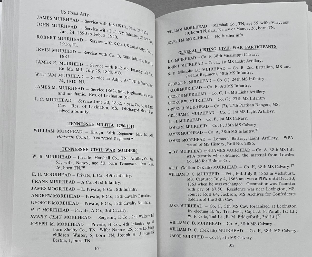 The Henry Muirheid / Muirhead Family of Virginia & Mississippi / HC