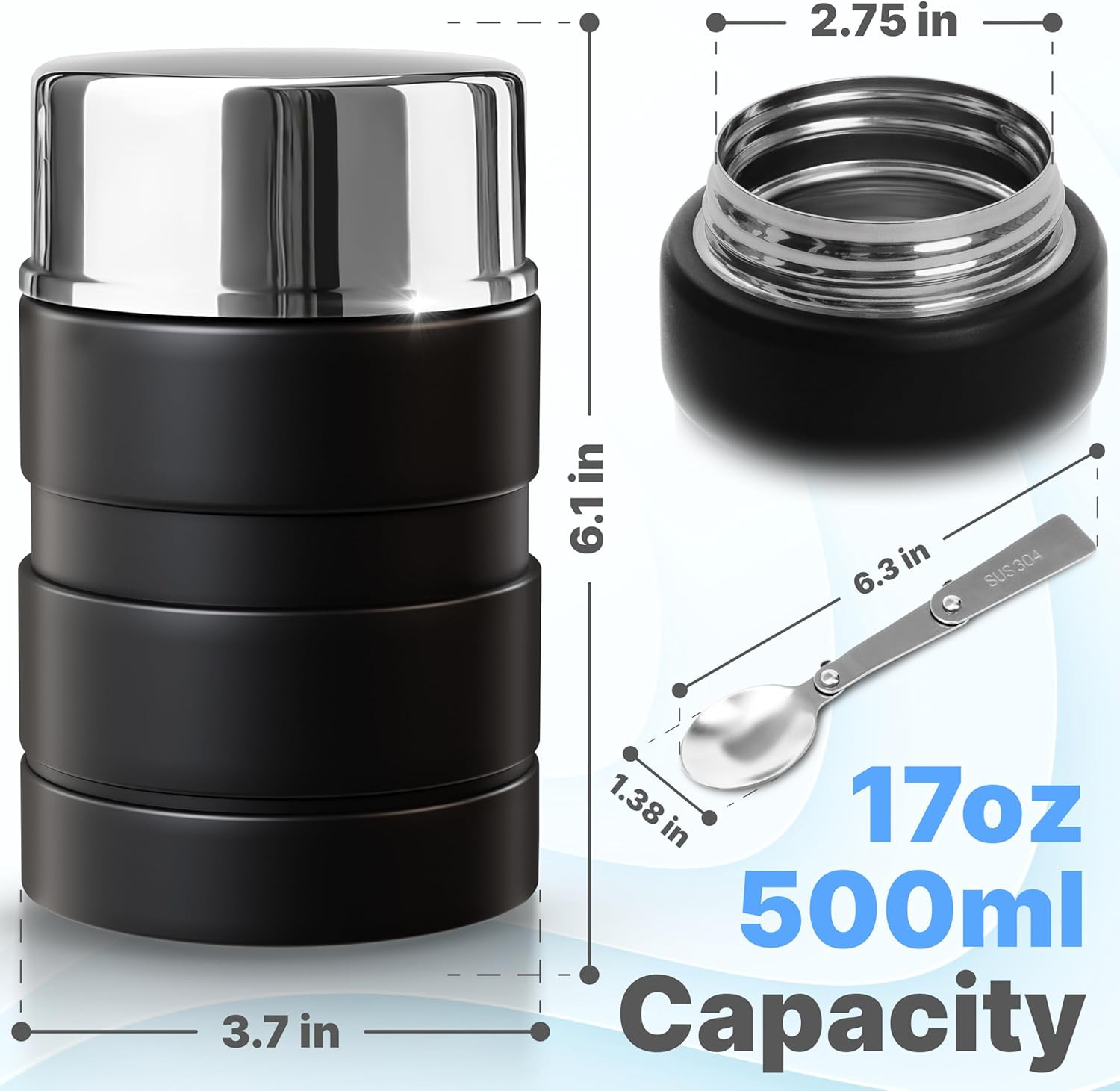 Stainless Steel Thermo for Hot Food 17OZ with Folding Spoon, Vacuum Insulated Fo