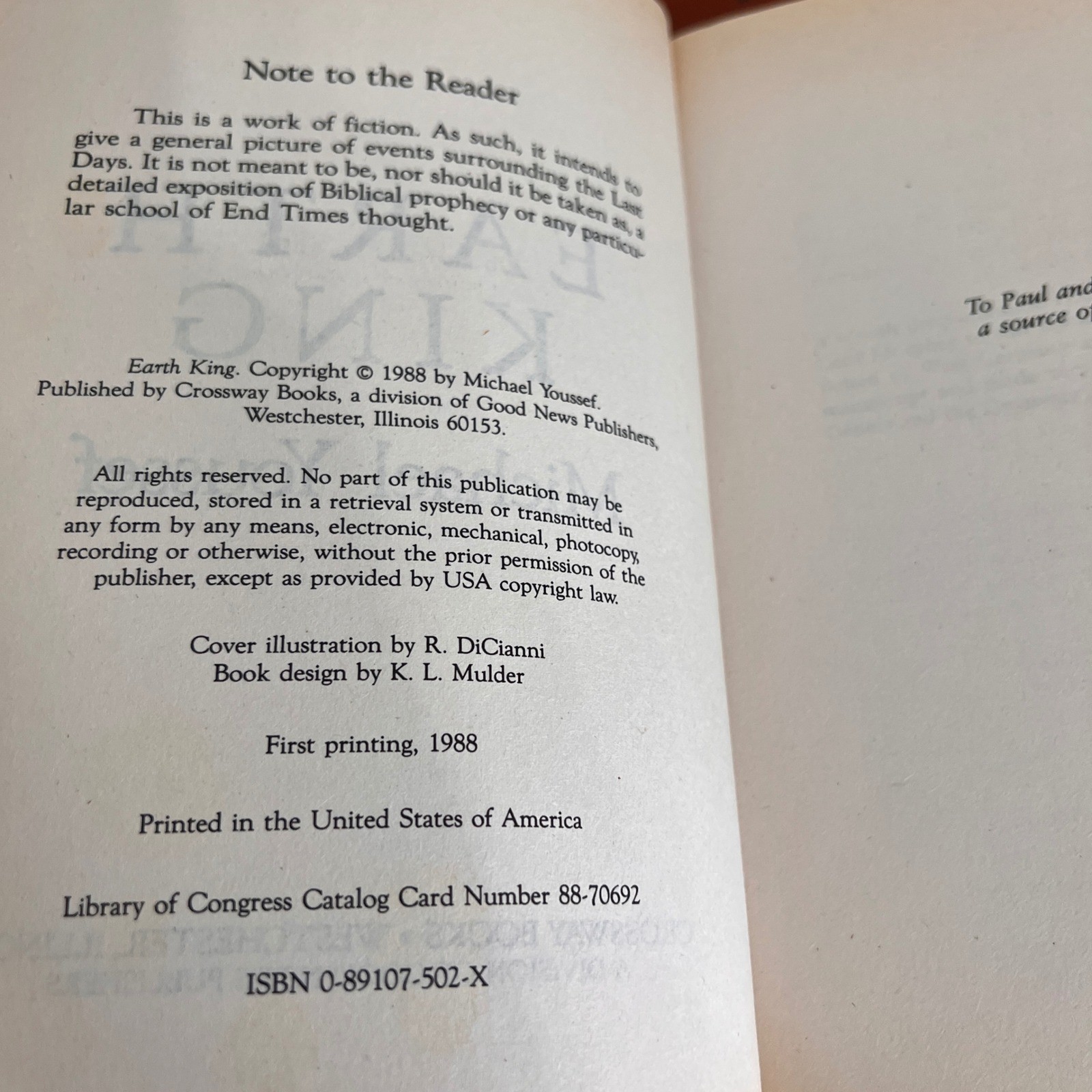 Earth King Michael Youssef 1988 First Printing Crossway Books Christian Fiction