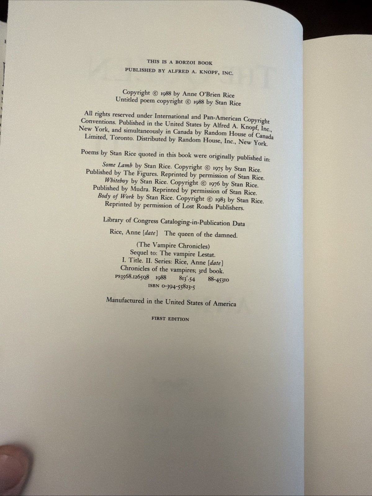 The Vampire Chronicles: The Queen of the Damned by Anne Rice First Edition 1988