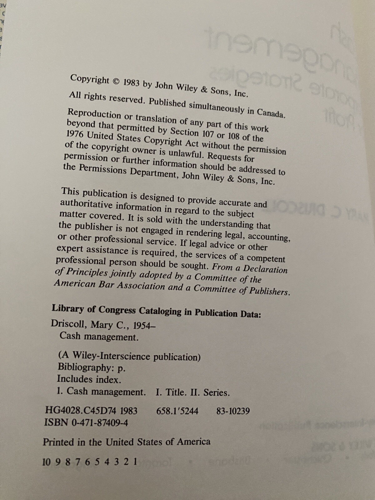 Cash Management – Corporate Strategies for Profit – 1983 – Driscoll – 1/1 – HCDJ