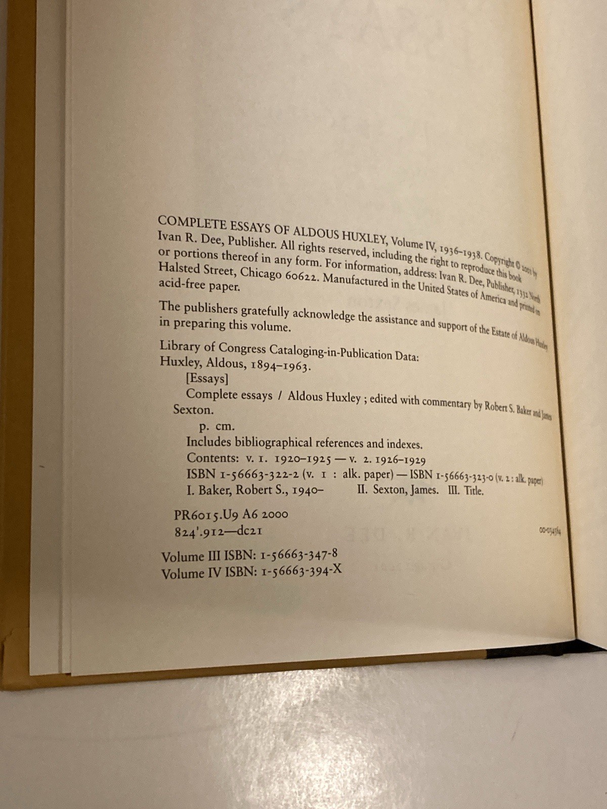 Complete Essays: Aldous Huxley, 1936-1938, Volume IV; 2001 Hardcover, NF / NF