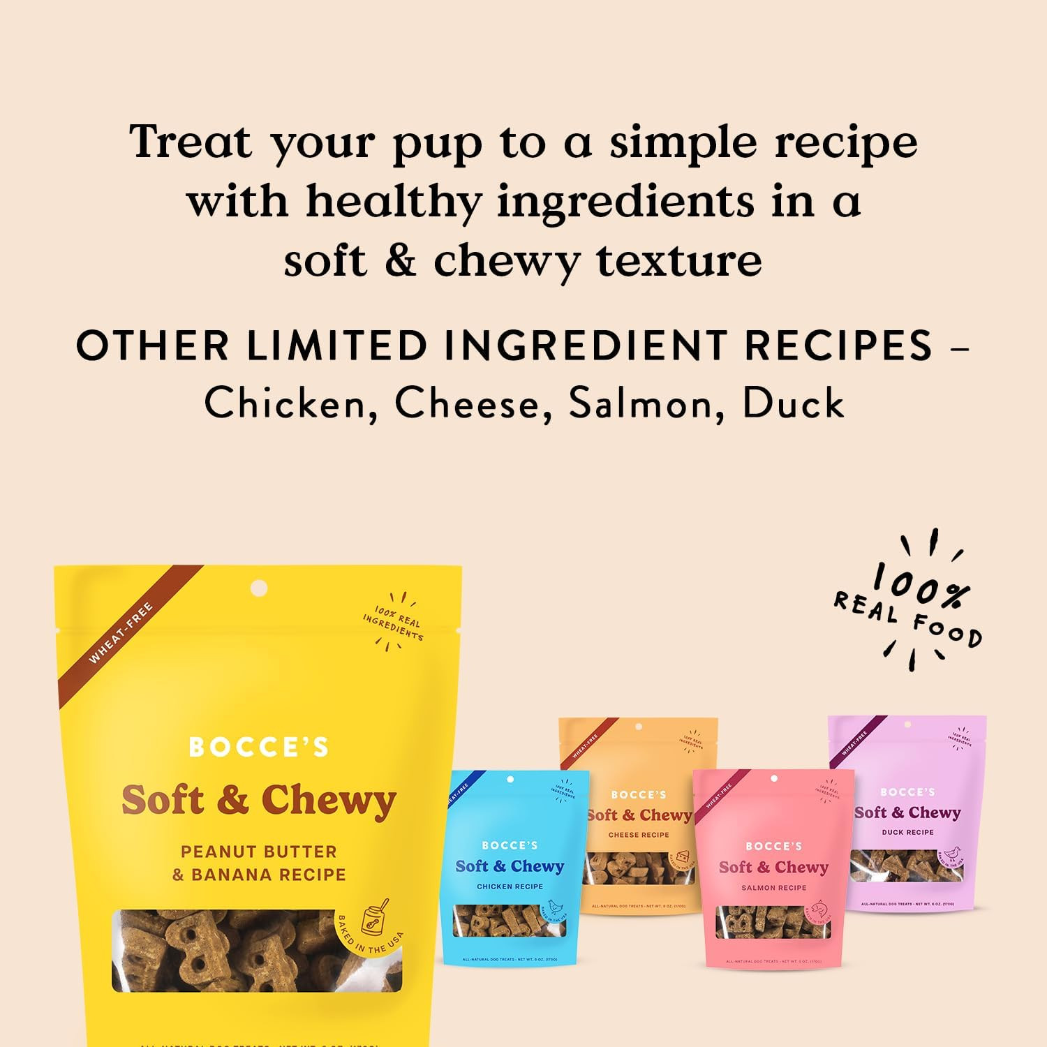Bocce’s Bakery Oven Baked PB & Banana Recipe Treats for Dogs, Wheat-Free, 6oz