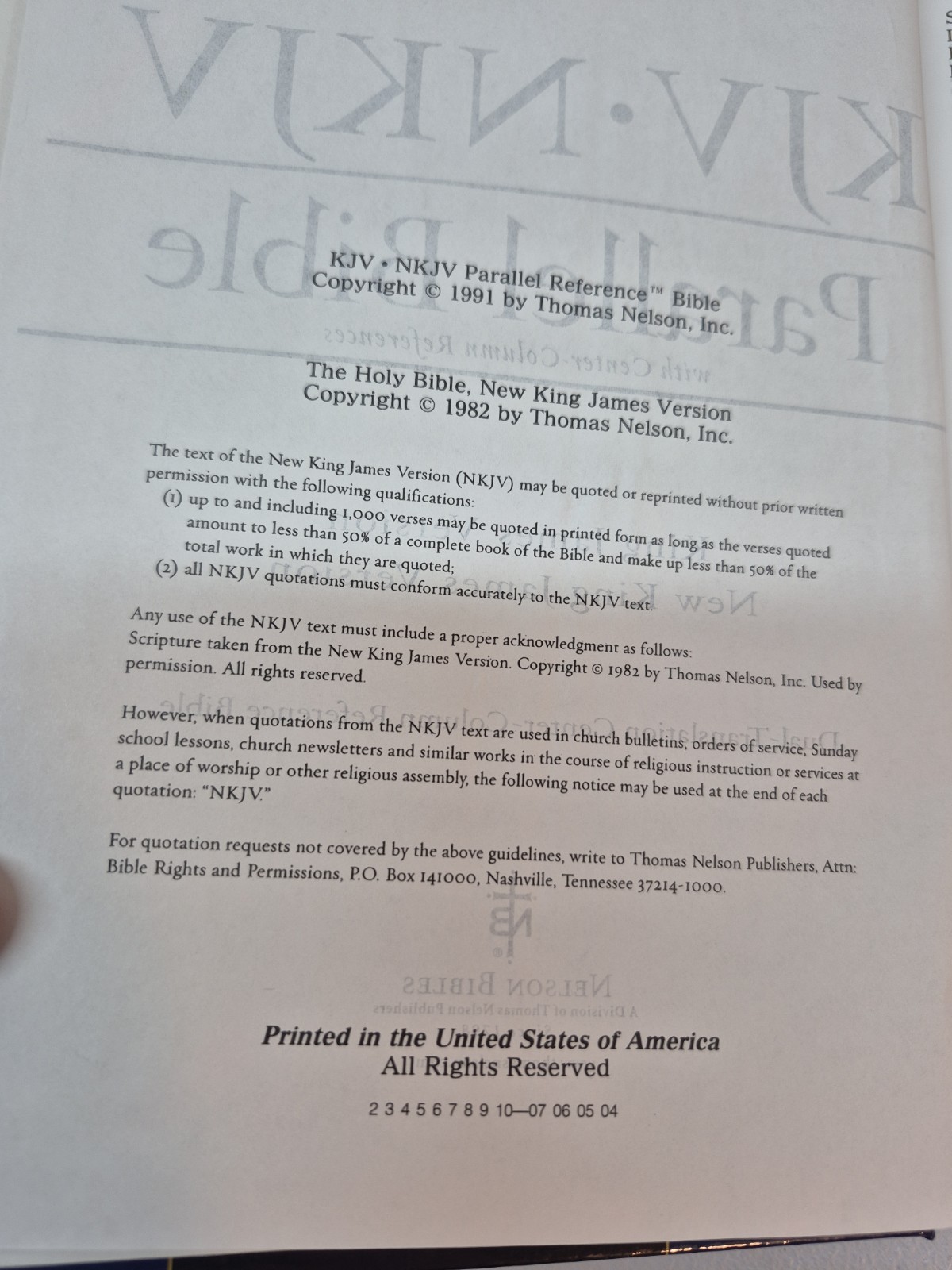 Nelson’s KJV/NKJV Parallel Bible with Center-Column References 1st Pages Removed