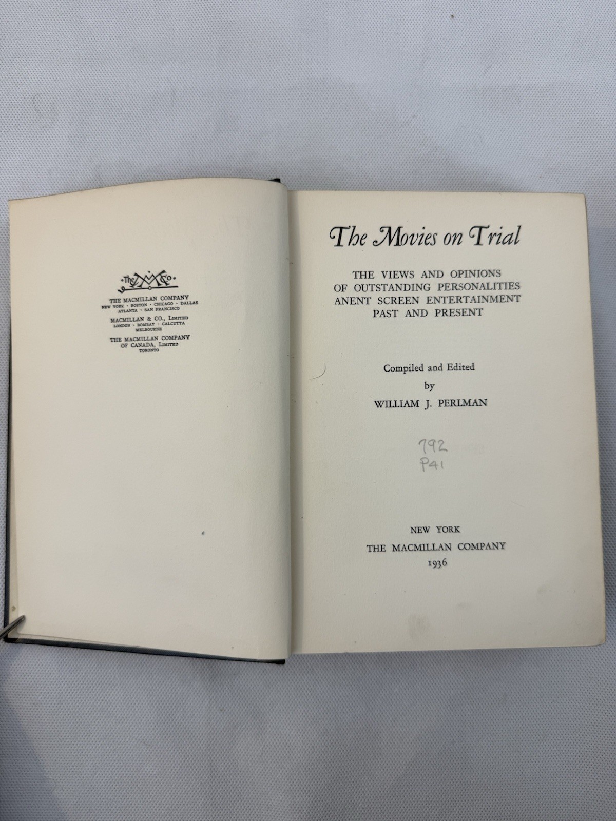 The Movies On Trial By William J. Perlman The Macmillan Company Hardcover 1936