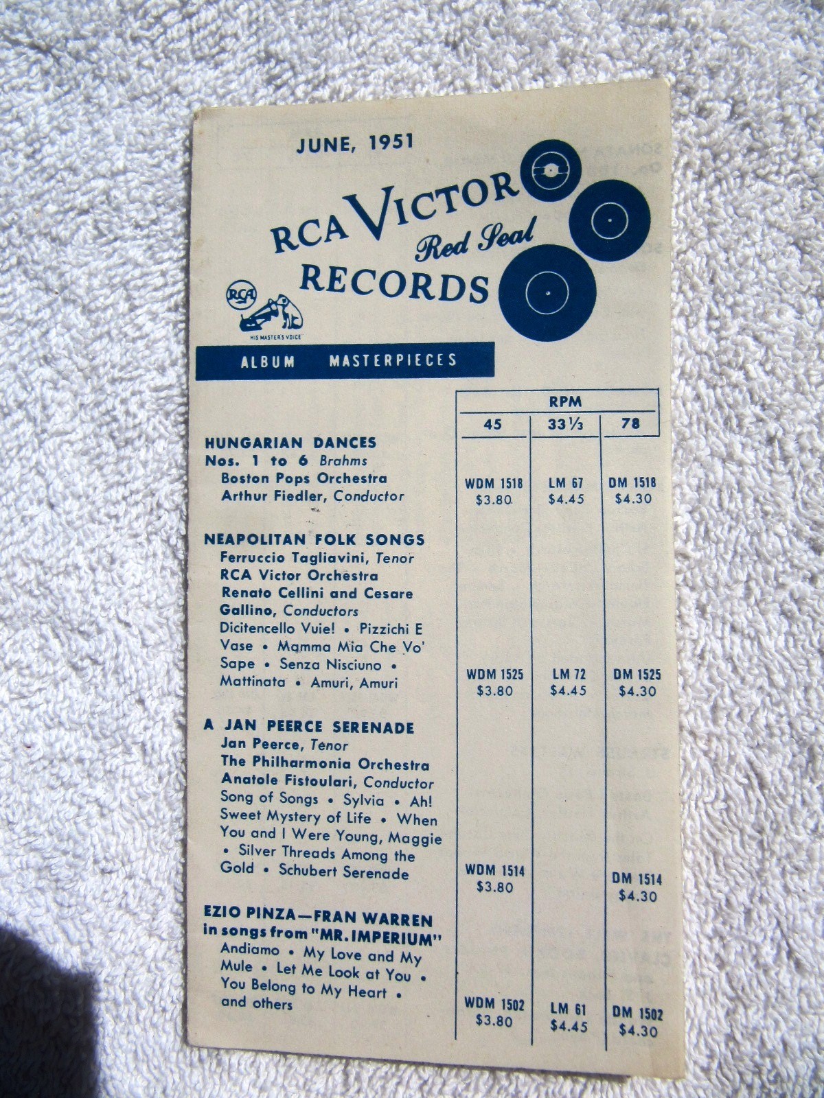 June 1951 RCA VICTOR Red Seal Records Supplement RECORD CATALOG LP 33 45 78
