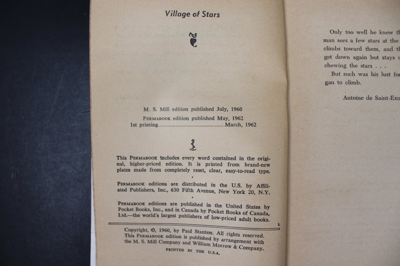 Village of Stars Paul Stanton 1962 Permabook 1st Printing Cold War Thriller PB
