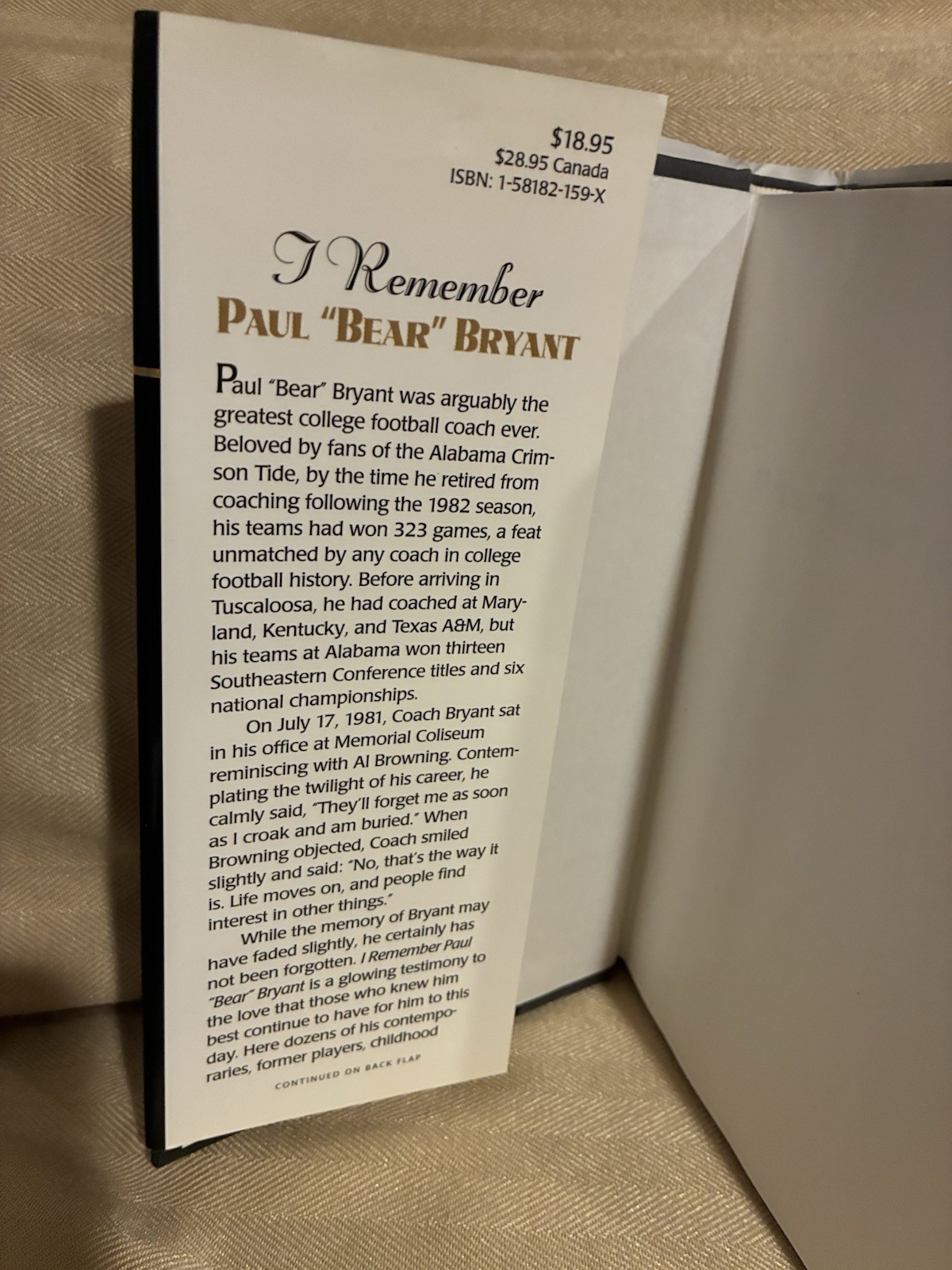 Paul Bear Bryant book I Rememer by Al Browning 2001 ,-306 pages