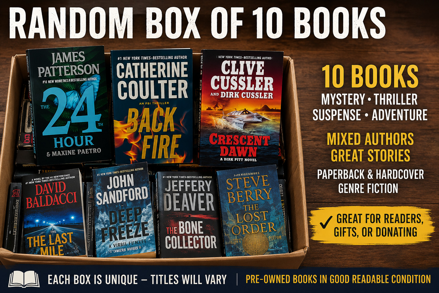 Random Box of 10 Books Mystery Thriller Suspense Mixed Authors Pre-Owned