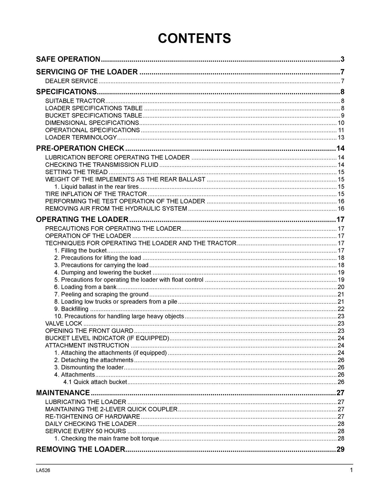 KUBOTA LA526 FRONT LOADER OPERATORS MANUAL – SPIRAL BOUND – TOUGH JACKET