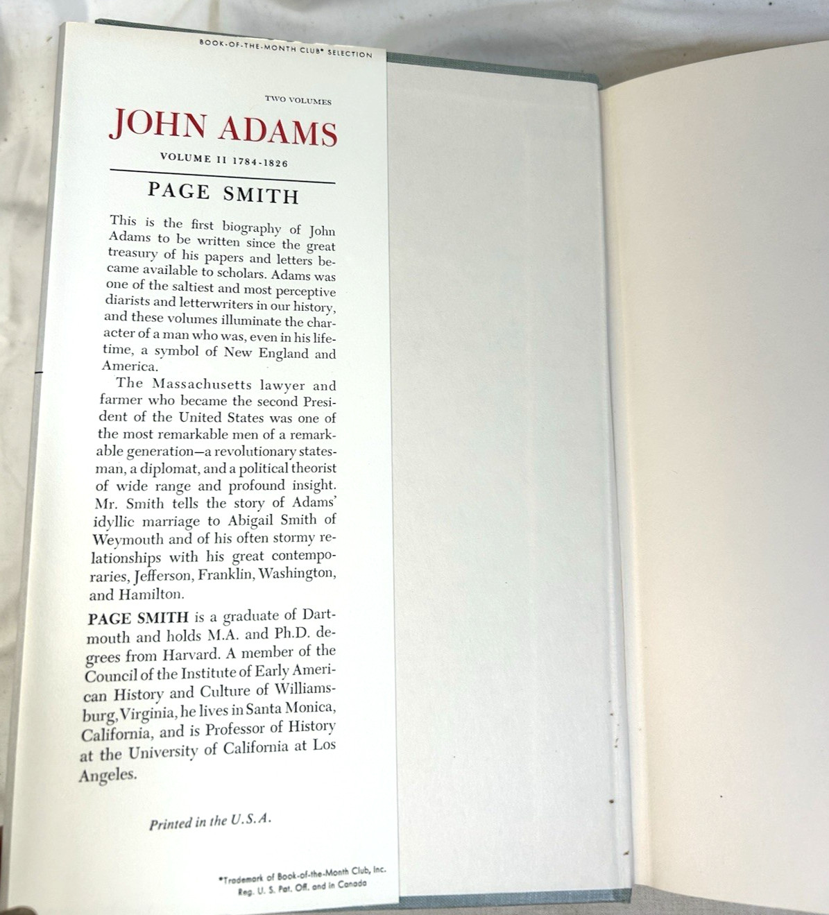 John Adams by Page Smith Vols 1 & 2 HC DJ 1962 Slipcase Biography BOMC