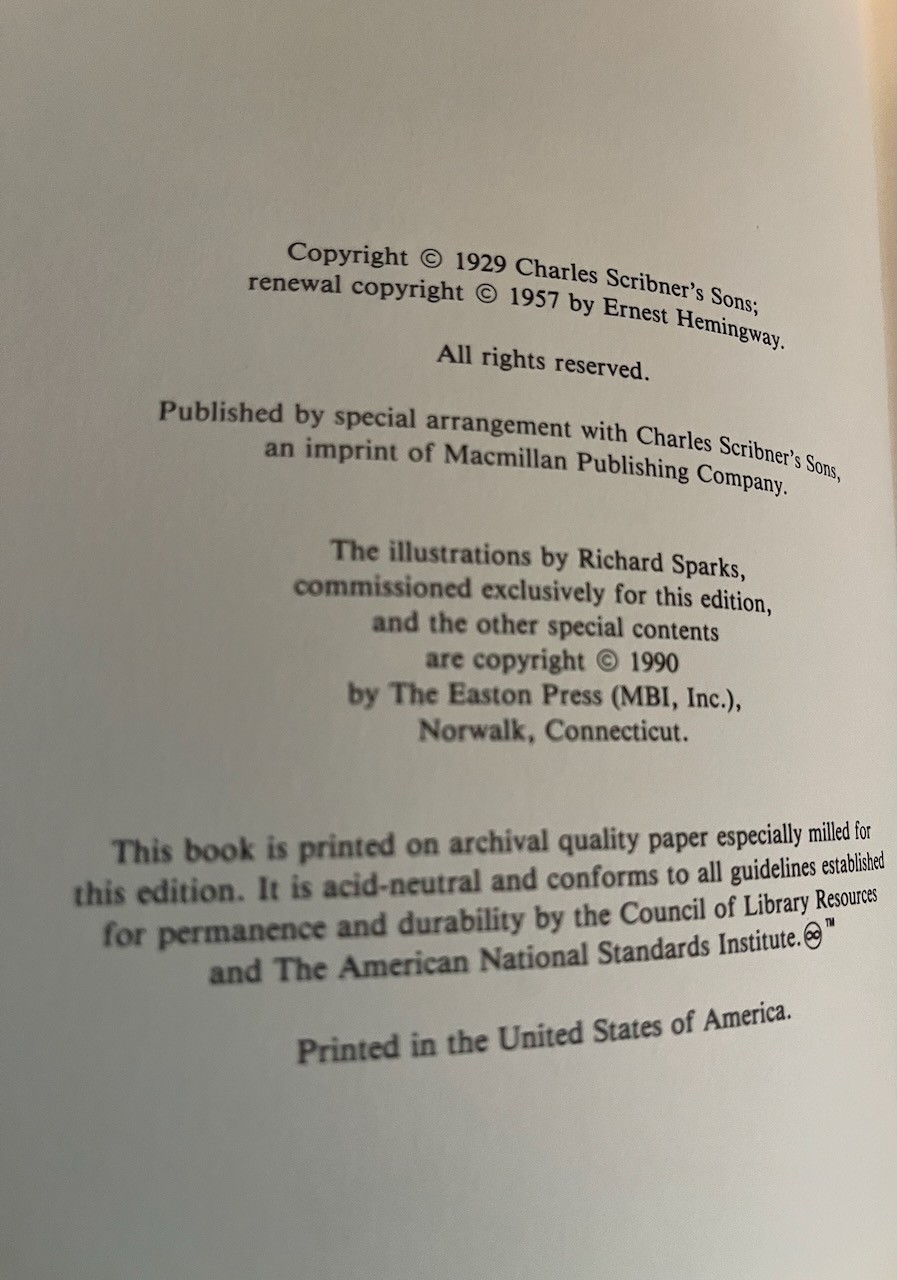 A FAREWELL TO ARMS by Ernest Hemingway Easton Press Collector’s Edition ©1990
