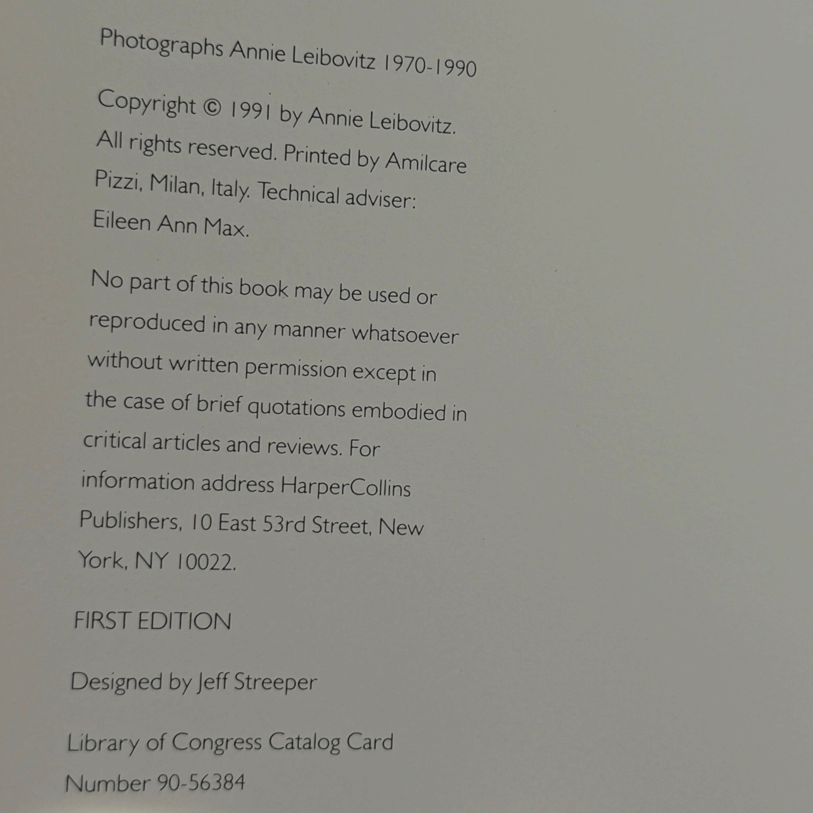Annie Leibovitz Photographs 1970-1990 First Edition Printing Hardcover Book 1991