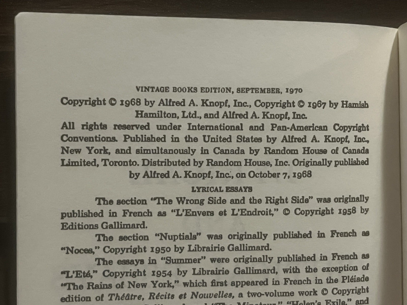 Albert Camus Lyrical and Critical Essays VINTAGE BOOKS EDITION (1970 Paperback)