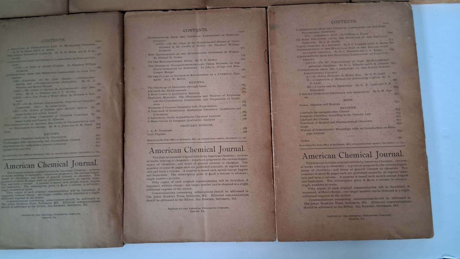 Rare Antiquarian Chemical Journal Set Ira Remsen 1898 Vol 20 No 1 2345679 10