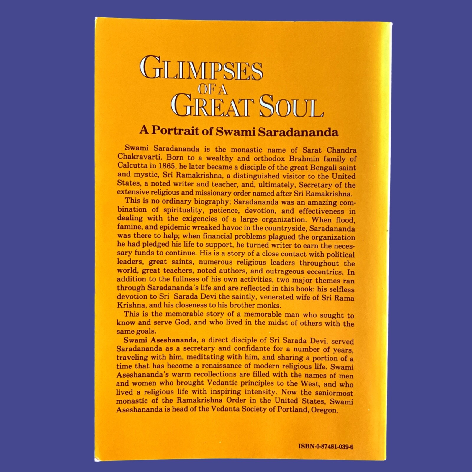Glimpses of a Great Soul: Swami Saradananda (1982) PB VG Swami Aseshananda Yoga