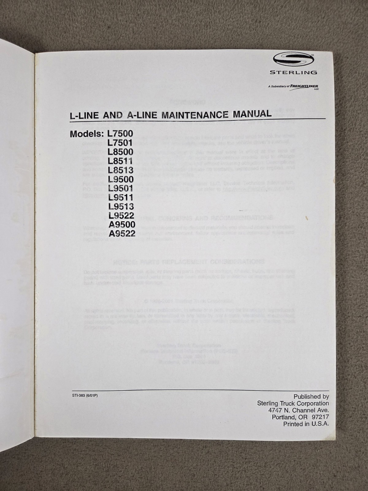 2001 Sterling L-Line & A-Line L7500, L8500, A9500 & Others Maintenance Manual