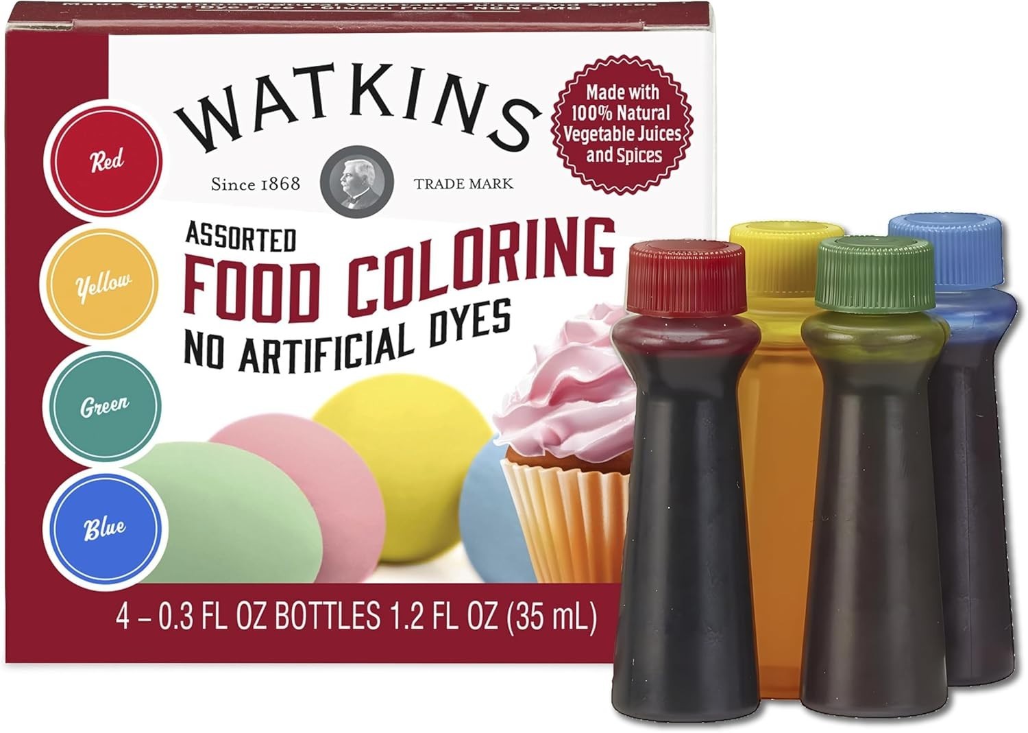 Natural Assorted Food Coloring – Red, Yellow, Green & Blue | 4 Bottles 0.3 oz