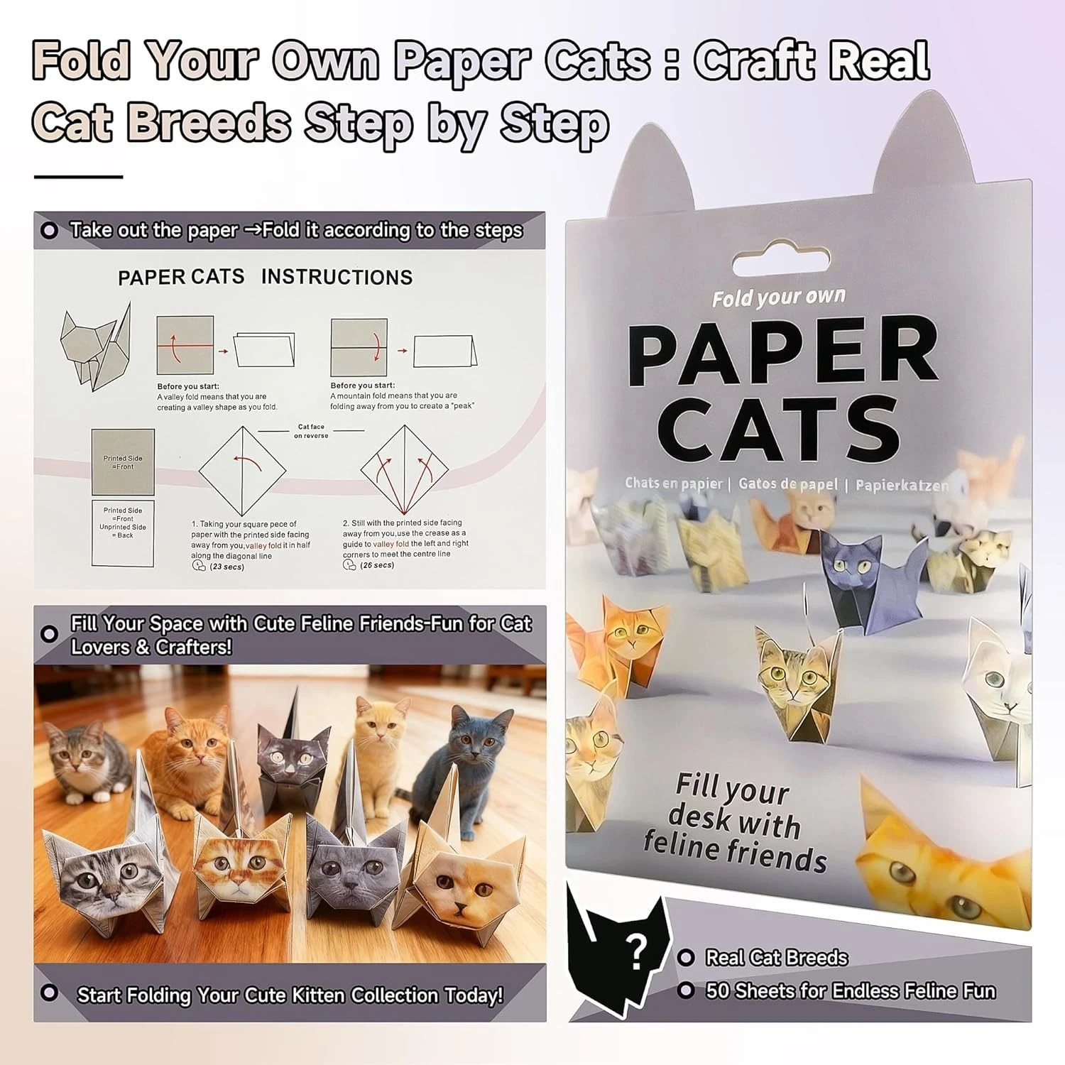 Fold Your Own Paper Cats Origami Kit/50 Sheets Real CatBreeds Craft Activity 12z