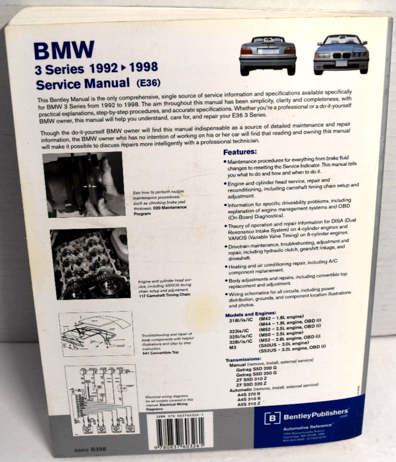BMW 3 Series Service Manual 1992-1998 M3*318i*323i*325i*328i Bentley SB B398 *VG