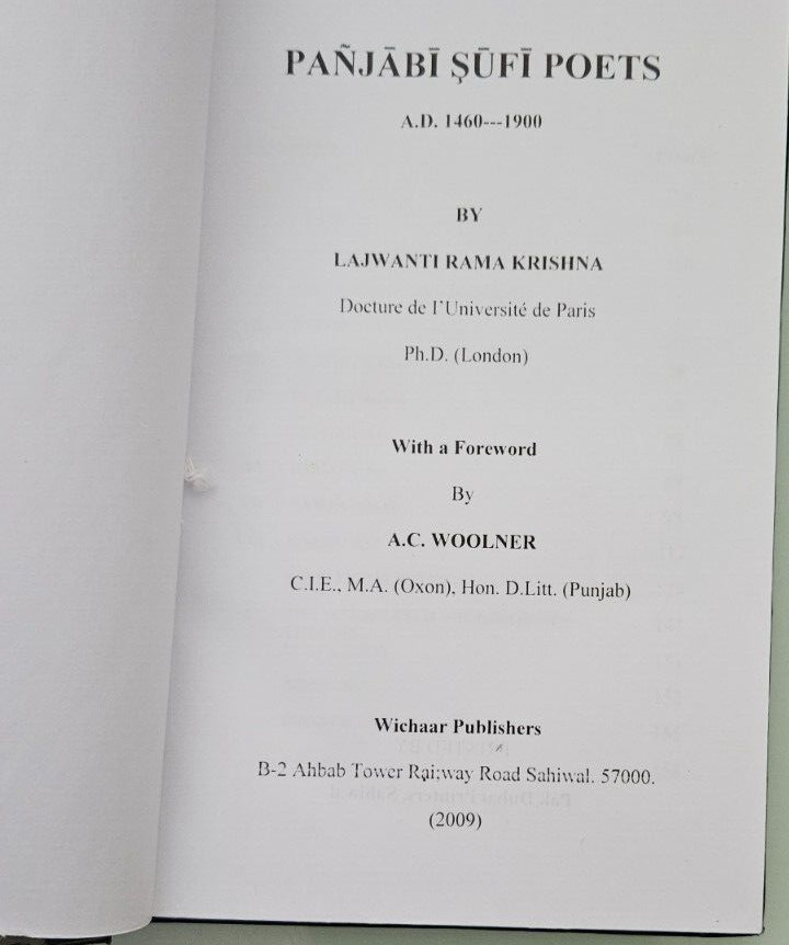 PANJABI SUFI POETS a.d. 1460 -1900 by lajwanti rama krishna hardcover