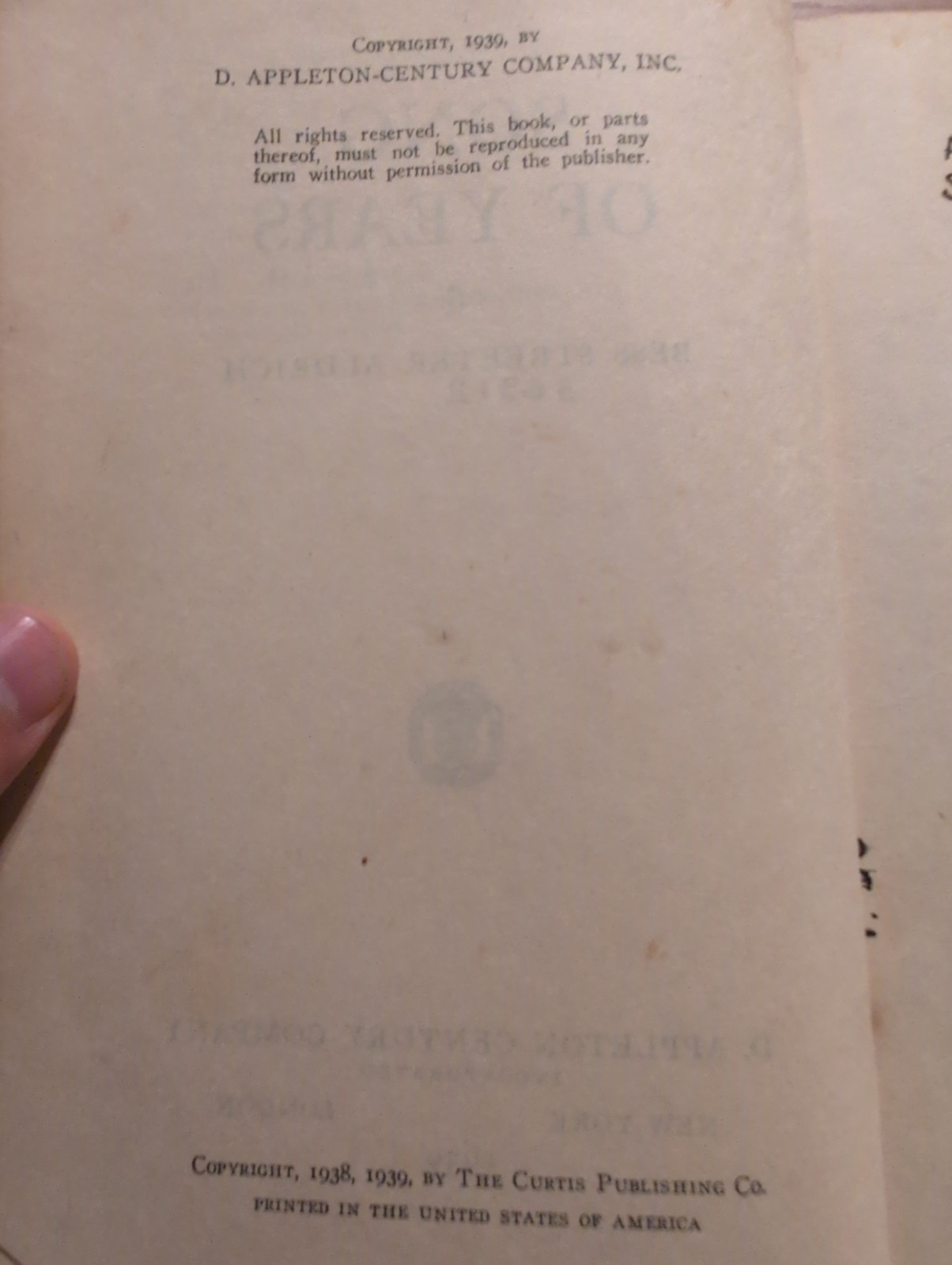 Song of Years by Bess Streeter Aldrich 1939 First Edition D. Appleton-Century